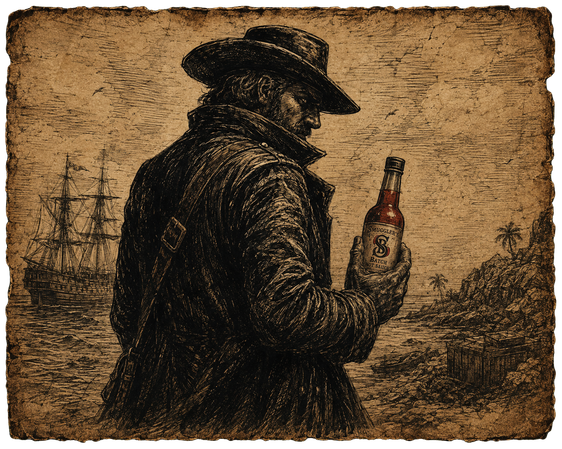 A smuggler on the shore holding a bottle, ship anchored offshore